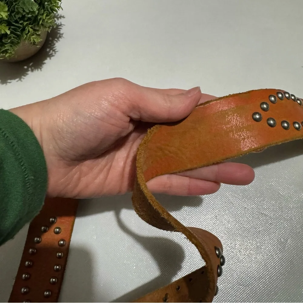 Vintage Texas Belt Buckle Genuine Leather Orange Studded Western Belt Mens Small